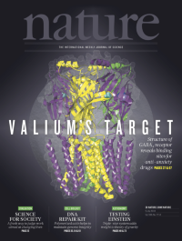 The cover of Nature Vol. 559, Issue 7712, featuring Shaotong Zhu's three dimensional model of the GABA-A receptor, developed at the Hibbs lab.