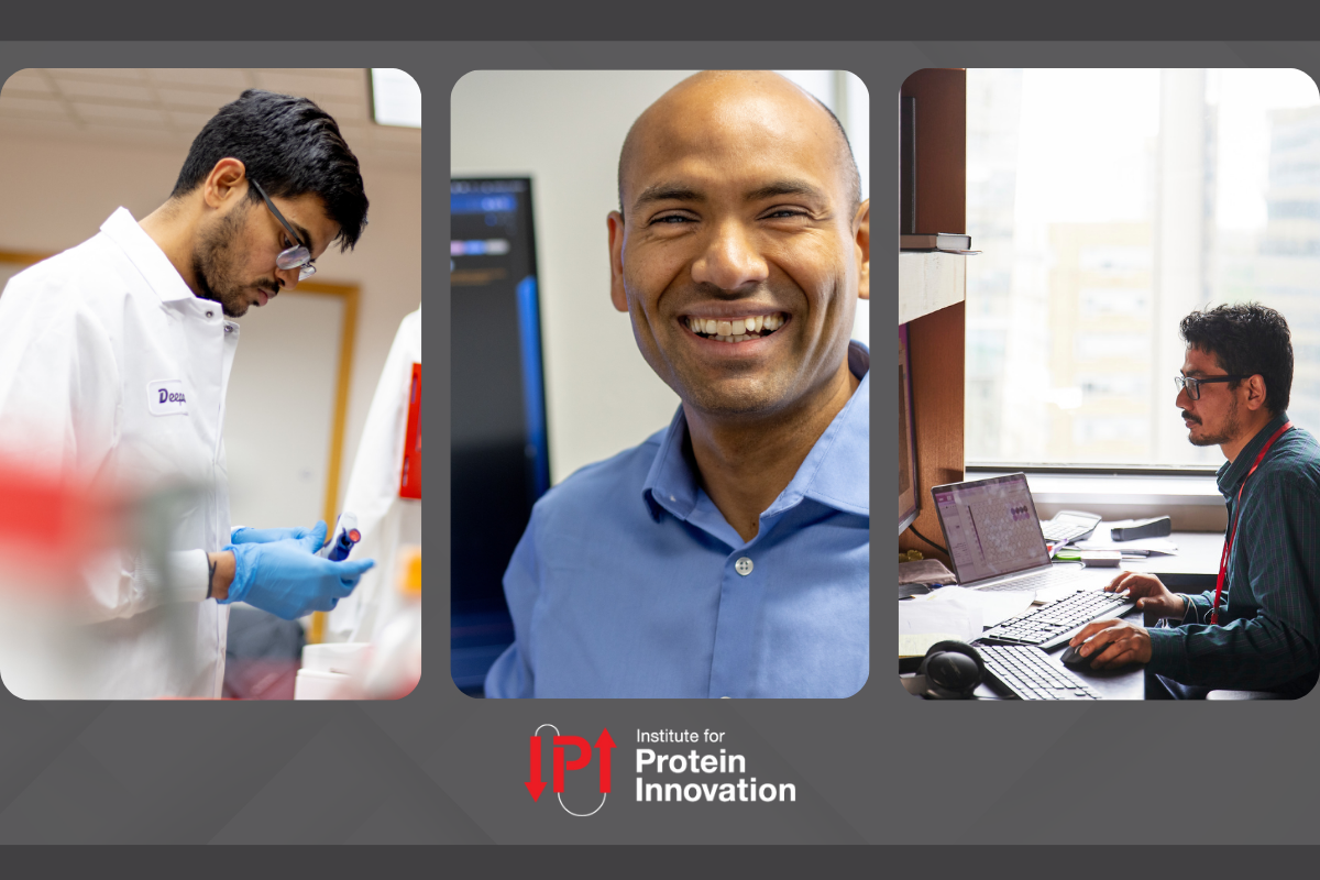 Three photos picturing Deepash Kothiwal working in the lab, Mahesh Vangala smiling in front of a computer with antibody data, and Nirakar Basnet looking at protein images.