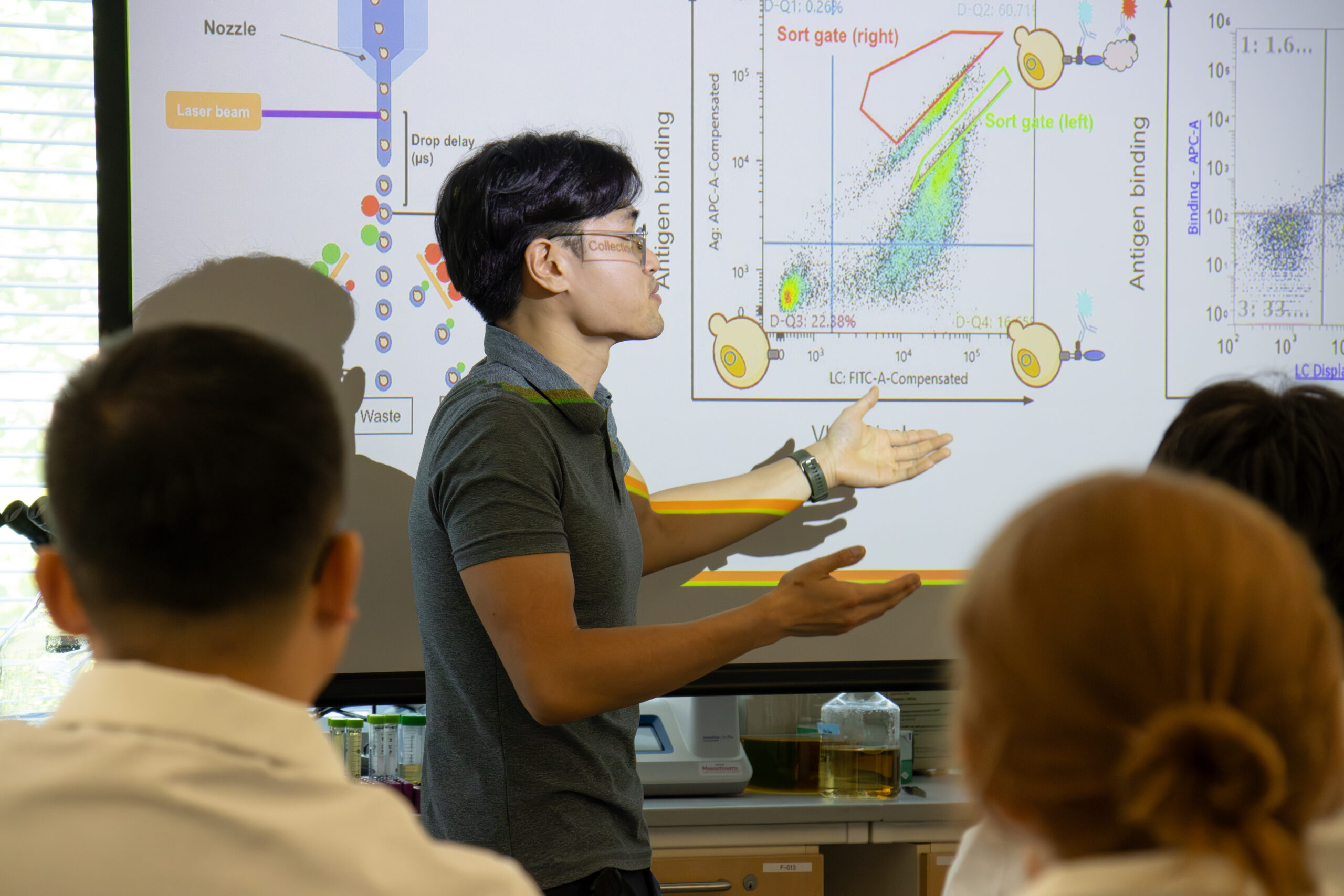 Robert May teaches IPI's 2026 Yeast Display Technology for Antibody Discovery course. He stands in front of a slide showing FACS data.